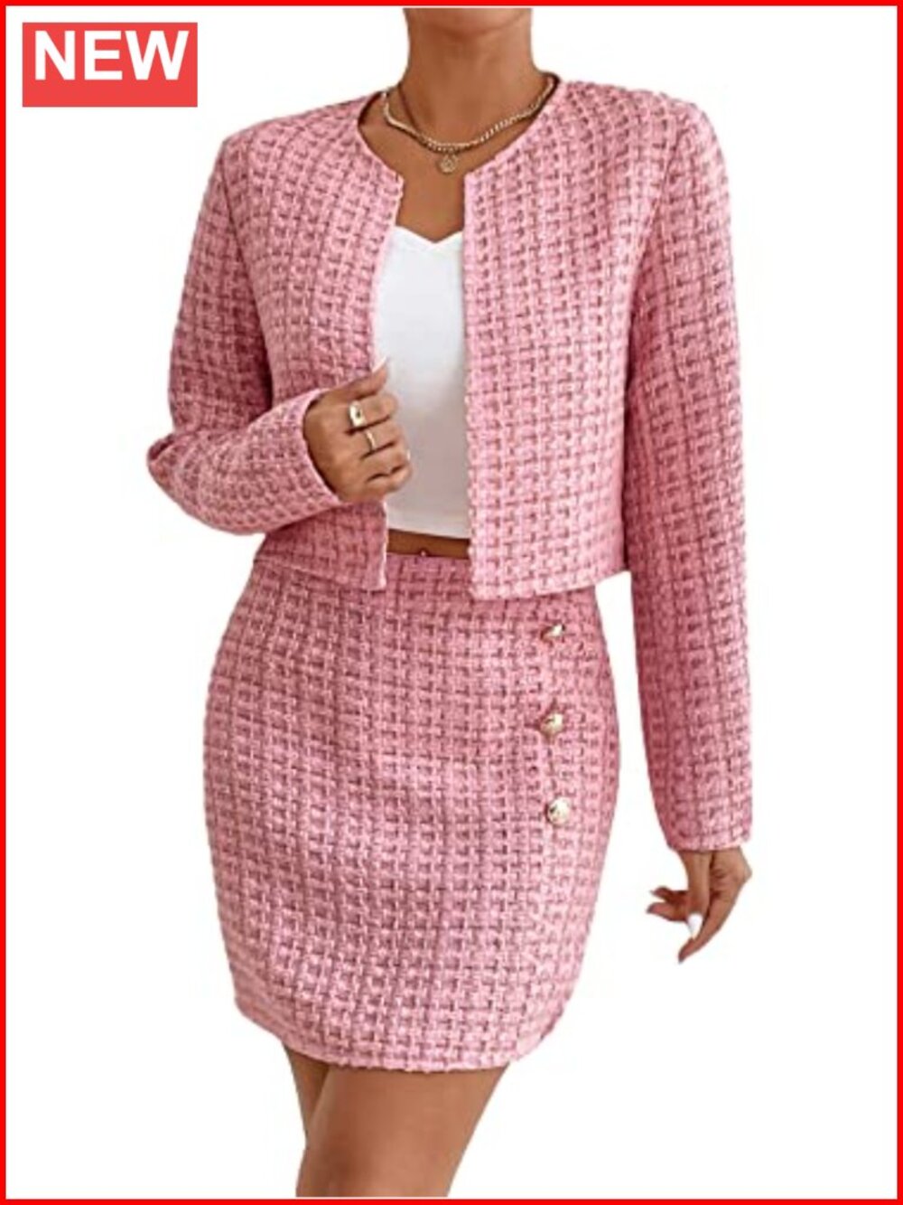 Tweed Blazer and Skirt Set Plaid Long Sleeve 2 Piece